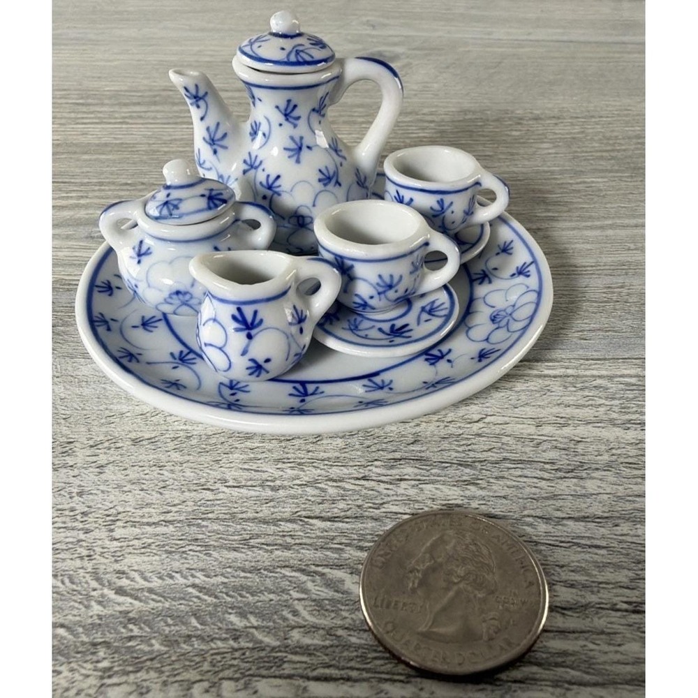Vintage 70's Miniature Dollhouse Tea Set Blue & White Asian 10 Piece Mini Decor